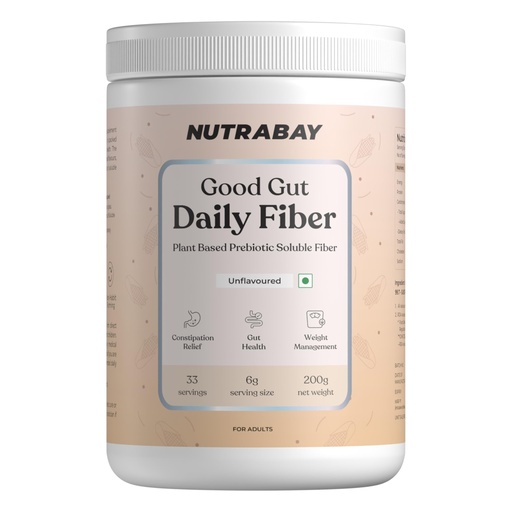 [BRSRAFD3OV7BGHLB] Nutrabay Good Gut Daily Fiber - 200 gm | 33 Servings | Unflavoured | Weight Management, Manages Sugar Control, Bloating, Constipation & Acidity Relief | Plant Based Prebiotic Soluble Fiber