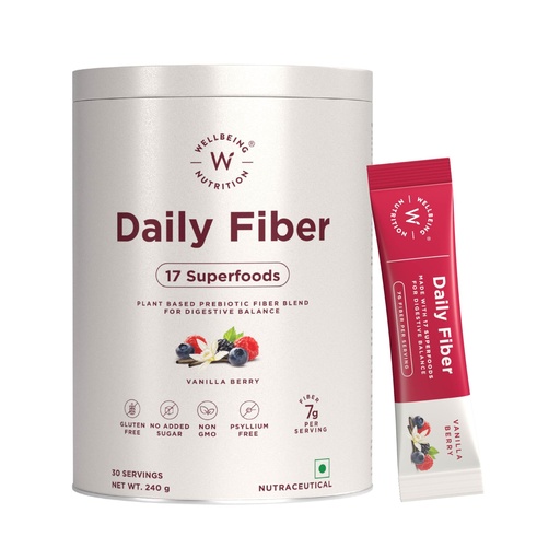 [BRSRMEIYBUNQIFAU] WELLBEING NUTRITION Daily Fiber Powder|Weight Management, Manages Sugar Control, Bloating, Constipation & Acidity Relief|Organic Prebiotic Digestive Fiber Supplement|Vanilla Berry|30 Servings, 1 count