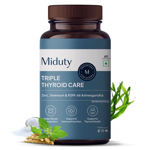 [BRSRMCQZOUOQ4HTH] Miduty Triple Thyroid Care Supplement - Rapid Action Formula | KSM-66 Ashwagandha, Sea Kelp, Zinc, Selenium, L-Tyrosine | Supports Thyroid Health | 60 Capsules