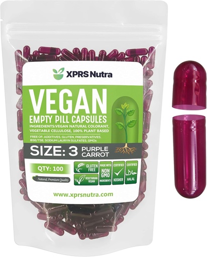[BRSWYH3QOVYRGCQ3] XPRS Nutra Size 3 Empty Capsules - 100 Count Empty Vegan - Vegetarian Empty Pills - DIY Vegetable Capsule Filling - Veggie Pill Caps (Purple Carrot)