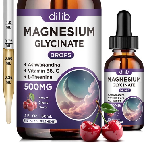 [BRSRAGA2DIBQO3L6] Magnesium Glycinate Liquid Drops 500mg, with Vitamin B6, Ashwagandha, L - Theanine, Chamomile, Magnesium Glycinate Supplement High Absorption for Sleep, Stress, Energy, Mood - Cherry Flavor