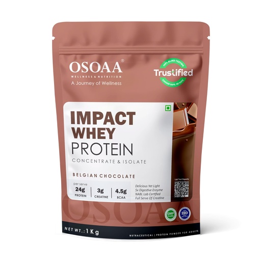 [BRSRABIEDF7BUCYU] OSOAA Impact Whey Protein 1kg- Belgian Chocolate | Isolate & Concentrate | 24g Protein & 3g Creatine with 5X Digestive Enzymes | Trustified Certified & NABL Lab Tested