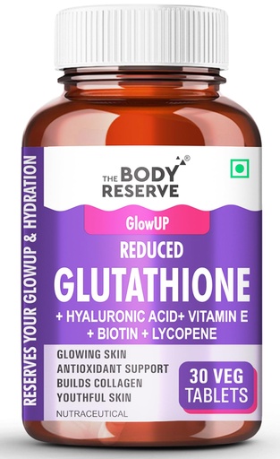 [BRSREFQFAEIGKCQY] The Body Reserve Japanese L-Glutathione Tablets for Skin Whitening | 500mg Glutathione Supplements with Hyaluronic Acid, Vitamin E, Lycopene & Biotin | Skin Glow & Collagen Support | Sugar-Free, 30 Tablets