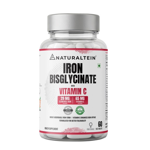 [BRSRAHT2BAFBQCDZ] NATURALTEIN Iron Bisglycinate with Vitamin C – 60 Tablets | 29 mg Elemental Iron | Gentle on Stomach | Supports Women’s Energy, Vitality & Healthy Blood Levels