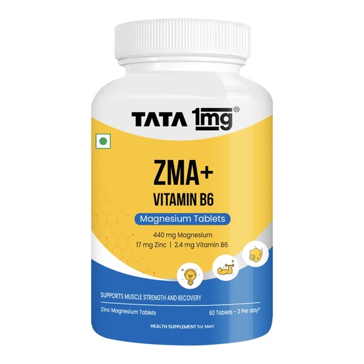 [BRSREYA2CMIAGC3X] TATA 1MG ZMA+ Vitamin B6 Tablets| 100% RDA of Magnesium & Vitamin B6 | High Absorption Zinc Citrate for Muscle Recovery, Sleep & Strength | Reduces Cramps & Fatigue | 60 Tablet