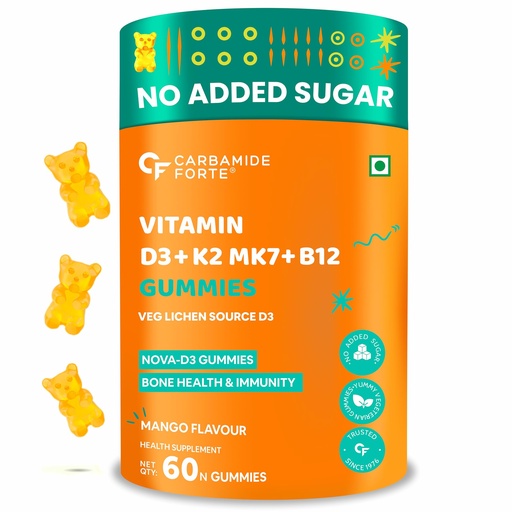 [BRSW2GQOBBYWMADV] Carbamide Forte Vitamin D3 K2 B12 Gummies | Vitamin B12 Supplements & Vitamin D Supplement | Plant Based Veg Lichen Source D3 Supplement For Bone Health | Mango Flavor - 60 Gummies