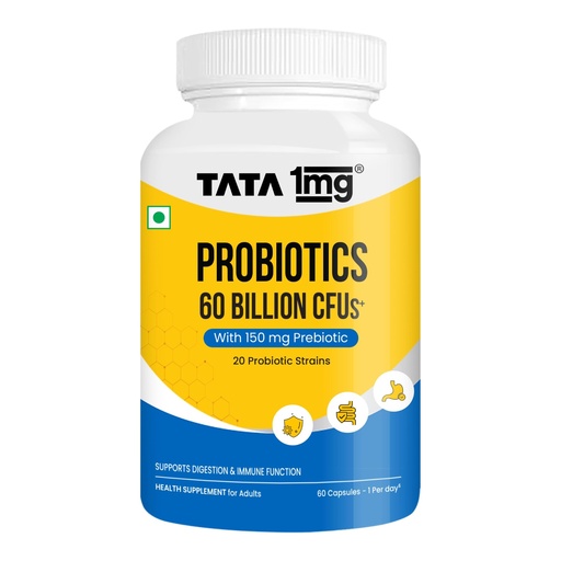 [BRSRGZA5O4NAGADP] Tata 1mg Probiotics 60B CFU | 20 Probiotic Strains with 150 mg Prebiotic | Gut Health, Digestion & Immunity Support | 60 Vegetarian Capsules | No Refrigeration Needed