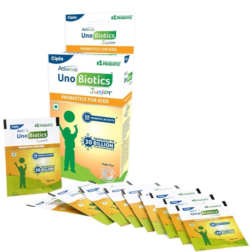 [BRSWGCA5A57GCA3L] Cipla ActivKids Unobiotics Junior With 5X More Probiotic Activity, Helps Build Immunity & Refills Good Bacteria, Probiotics for Kids - 10 Sachets
