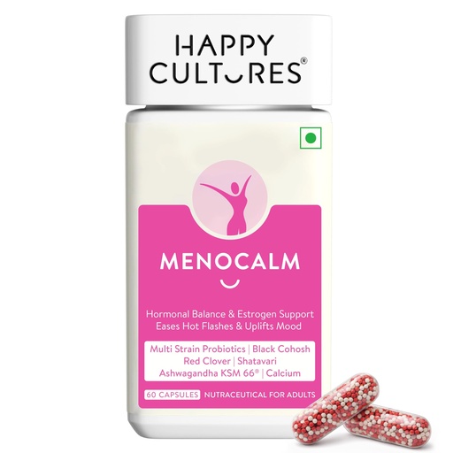 [BRSRYYAQPIDRGHL7] Happy Cultures Menocalm Menopause Support | Shatavari, Calcium, Black Cohosh, Red clover with Multi Strain Probiotics, Vitamin D3,K2,B7 & B12 | Estrogen Support | Eases Hot Flashes, Night Sweats & Mood Irritation- 60 Capsules