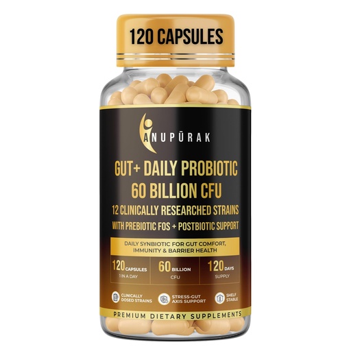 [BRSRGZQ2AUBAECTK] Gut Health Probiotic 60 Billion CFU — 12 Strains Synbiotic | Postbiotic + FOS & GOS Prebiotics | Supports Digestion, Gut Flora & Immunity | Daily Gut Balance Supplement | 120 Capsules (120 Days)