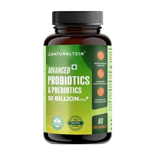 [BRSREBDRCANQAA3G] NATURALTEIN Advanced Probiotics & Prebiotics 50 Billion CFU | 9-Strain Gut Health Formula for Digestion, Immunity & Nutrient Absorption | 60 Veg Capsules