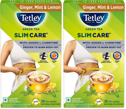[BRSRYZY3BV7A2ETJ] Tetley Green Tea Slim Care, With Added L-Carnitine, Helps Burn Body Fat, Boosts Energy, Low Calories, Delicious Natural Ginger, Mint and Lemon Flavours, Makes 25 cups (Pack of 2)