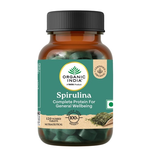 [BRSRMAACCUNRYFI2] A TATA Product - Organic India Spirulina - 120 Tablets, Natural Amino Acids, Protein Powerhouse, Plant-Based Superfood, For Hair, Skin, Nails & Overall Health