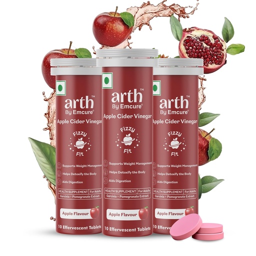 [BRSRGZI5O4MREAL5] Arth Apple Cider Vinegar Effervescent Tablets 500mg | Supports Weight Management, Metabolism & Gut Health | Garcinia Cambogia, Pomegranate Extract | Vit B6 B12 | Apple Flavour | 30 Tablets