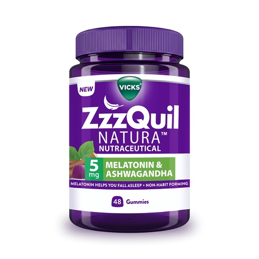 [BRSREBDRDIMGY3Y7] Vicks ZzzQuil Natura Sleep Gummies (Pack of 48) 5mg Melatonin with 50mg Natural Ashwagandha, Helps You Fall Asleep, Non-Habit Forming, Strawberry Flavor, 100% Vegetarian, Sealed Jar