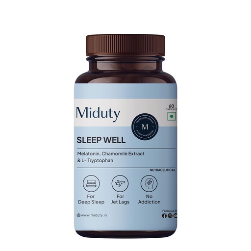 [BRSROGIECAIREET4] Miduty Sleep Well | Melatonin 5mg with L-Tryptophan 500 mg, L-Ornithine 400 mg | Promote Restful Sleep & Helps in Deep Sleep | Non-addictive - Pack of 60 Capsules
