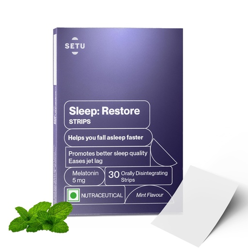 [BRSWYZQDBUPGMCQ6] Setu Sleep Restore Melatonin 5mg - 30 Orally Dissolving Strips (Pack of 1) | Plant Based 5 mg Melatonin | Promotes Relaxation & Sleep, Eases Jet Lag Strain, Non-Habit Forming | Tasty Mint Flavor