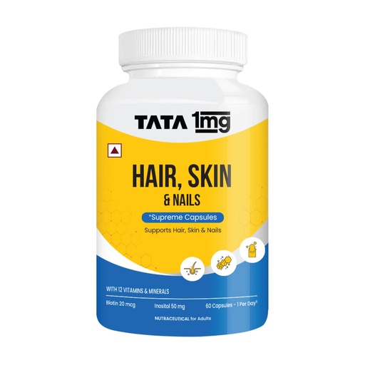[BRSRMZTQDJYAYELZ] Tata 1mg Hair, Skin & Nails Supreme Biotin Capsule with Collagen, Zinc, Iron and Vitamin B, For Men & Women, Pack of 60