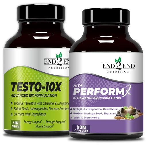 [BRSRM2T5CF7GYC3F] End2End Nutrition Testo-10X and PerformX Natural Testosterone Booster Supplement for Men | Shilajit, Gokhru, Ashwagandha, Safed Musli | Strength, Stamina & Performance - (Combo Pack) 120N