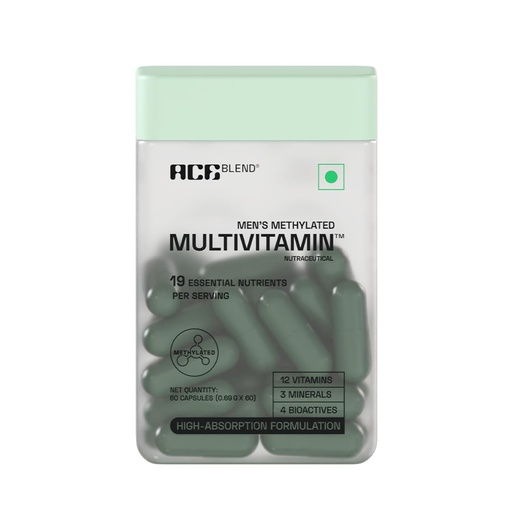 [BRSRG235BMGWOCA6] Ace Blend Multivitamin Capsules for Men | Pack of 60 | Methylated Multivitamin with 19 Essential Nutrients | Quatrefolic, MenaQ7 & Vitashine D3 | Supports Energy, Immunity, Focus & Heart Health