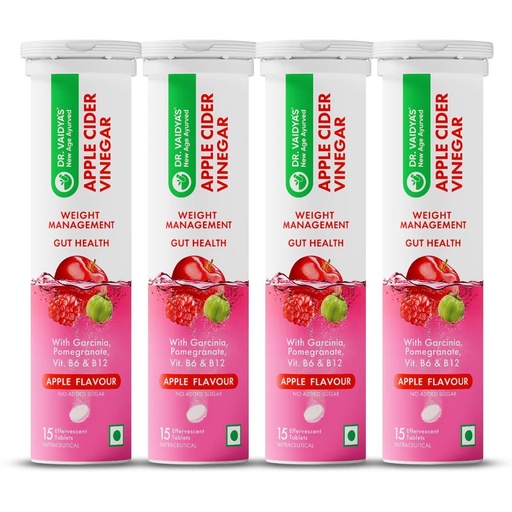 [BRSROZIKOEORO2TP] Dr. Vaidya's Apple Cider Vinegar Effervescent Tablets with Garcinia, Pomegranate, Vitamin B6 & B12 | Supports Weight Management, Metabolism, Digestion & Gut Health | Apple Flavour | 15 Tablets , Pack of 4