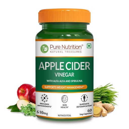 [BRSWKG32OIJQIGTM] Pure Nutrition ACV Apple Cider Vinegar Capsules | Control Craving | ACV for Weight Loss & Detox with Wheat Grass & Spirulina for Enhanced Wellness | Rich in Antioxidants | Supports Weight Management, Detoxification & Immunity - 60 Veg Capsules