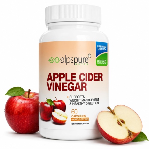 [BRSRMHT2B57Q4FLK] Alpspure Nutra Apple Cider Vinegar Capsules (60 Veg Capsules) | 500 Mg Per Serving | Supports Weight Loss | Boosts Metabolism | Improves Skin Health | Natural Fat Burner | For Men & Women