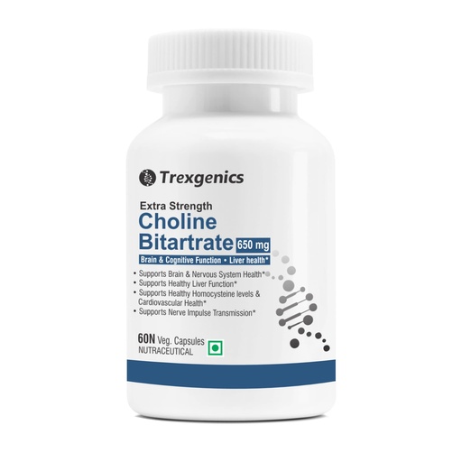 [BRSW2BAECACQ4ETG] Trexgenics CHOLINE BITARTRATE 650 mg Cognitive Function, Fat Metabolism, Brain & Nervous System Health Support VEGAN & NON-GMO (60 Veg. Capsules) (Pack of 1)