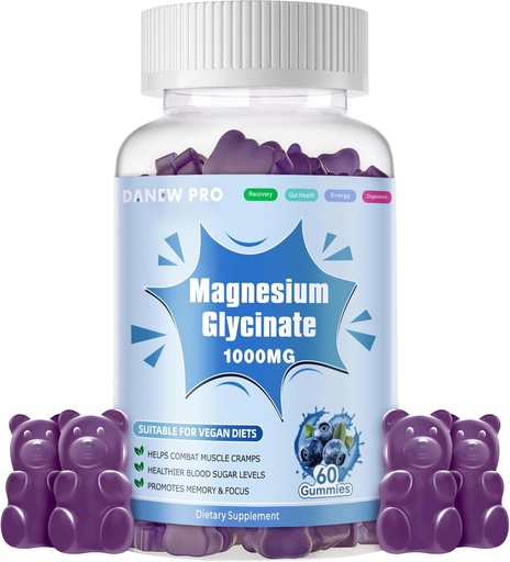 [BRSRA2YBBZ7W23LL] Magnesium Glycinate Gummies 1000mg - Sugar Free Magnesium Potassium Supplement with Vitamin D, B6, CoQ10 for Calm Mood & Sleep Support - 60 Blueberry Gummies