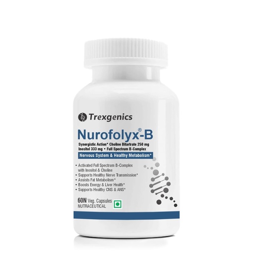 [BRSWGCQNOF5QGCY2] Trexgenics Nurofolyx-B Choline 250Mg,Inositol 333Mg & B-Comp B1 Benfotiamine,B2,B3,B6 Active P5P,B9 Active Folate,B12 Methylcobalamin Advanced Nervous System & Fatty Acid (60 Veg Capsules) (Pack Of 1)