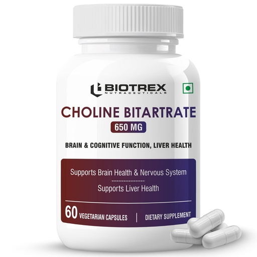 [BRSRGZQDDIPBQ3TB] Biotrex Nutraceuticals Choline Bitartrate 650mg Supplement | High Purity Grade | Healthy Brain, Liver, Heart, Nervous System & Cognitive Function - 60 Veg Capsules