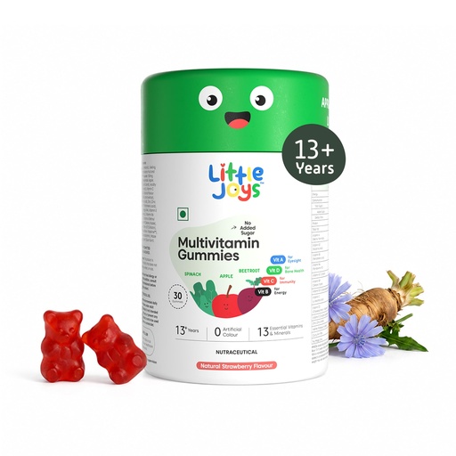 [BRSROFIBDMOQYGTO] Little Joys Multivitamin Gummies (13+ years) | 30 Days Pack | No Sugar Added | Strawberry Flavour | Supports Immunity, Bone Density & Eyesight