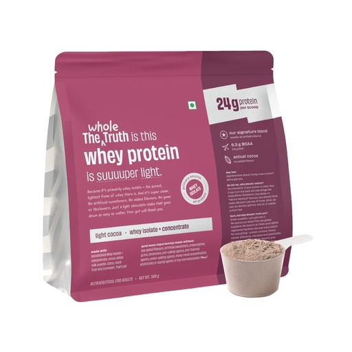 [BRSRYFQ5OF7AAH3H] The Whole Truth Whey Protein Isolate + Concentrate Blend | Light Cocoa | 500g (1.1 lbs) | 24g Protein | 6.3g BCAA