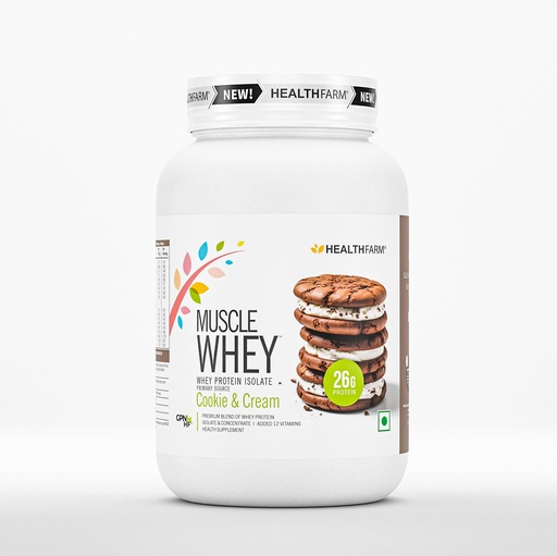 [BRSROA36BYMAGCIZ] Healthfarm Muscle Whey Protein, Lab Tested for Purity (Cookies and Cream, 1kg)