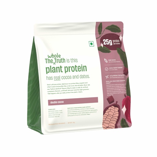 [BRSREFDQOR5AECL4] The Whole Truth Plant Protein Isolate 1 KG (2.2 lbs) | Double Cocoa | 25g Protein/Scoop | Real Ingredients | Clean Recipe | No Added Flavours | Pea & Rice Isolate | Easy to Digest