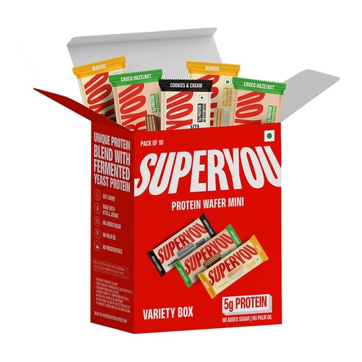 [BRSREBQ5O4JREE36] Superyou Assorted Protein Wafer Mini Bars (Pack Of 10)| 5g Protein | Made with Atta & Jowar | No Added Sugar | Yeast Fermented | Energy Bars | 100% Vegetarian |No Palm Oil | 200g