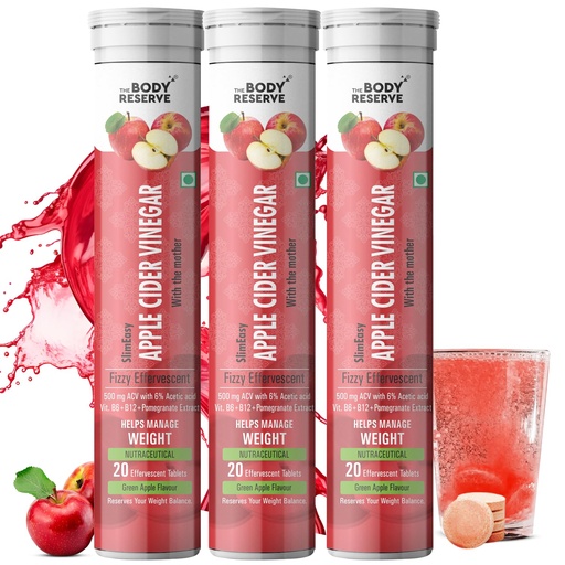 [BRSRA2QLBYPAKYL3] The Body Reserve Apple Cider Vinegar | 60 Effervescent Tablets Pack Of 3 (Green Apple Flavour)