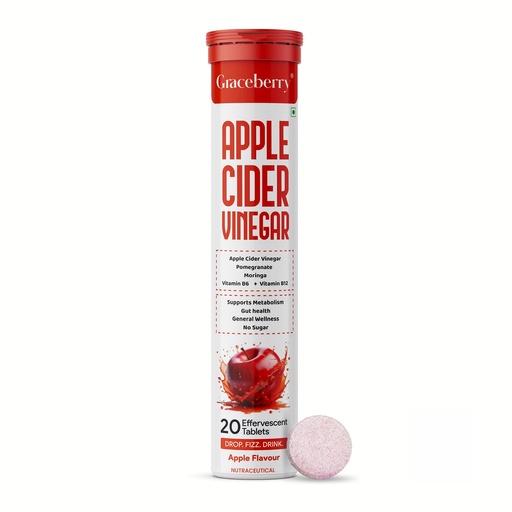 [BRSRGHY3AB6GYFDX] Graceberry Apple Cider Vinegar Effervescent Tablet with Mother- 20 Tablets | 500mg ACV For Metabolism, Weight Management | Pomegranate & Moringa, Vit B6 & B12 | No Added Sugar | Pack of 1