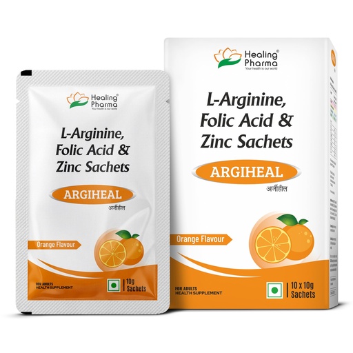 [BRSREBARAQAQMAA2] Healing Pharma - ARGIHEAL 3g L-Arginine Powder Sachets | Supports Stamina, Blood Flow & Muscle Recovery | Pre-Workout Supplement For Men & Women | No Added Sugar | Orange Flavour - 10g (Pack of 10)