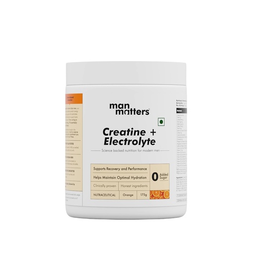 [BRSRYYYDOICW2HTX] Man Matters Creatine Electrolytes Powder 175g | 3g Creatine Monohydrate with Sodium, Potassium, Magnesium | I Improves Muscle Strength, Hydration & Recovery | 0 Added Sugar & 0 Calories | Orange