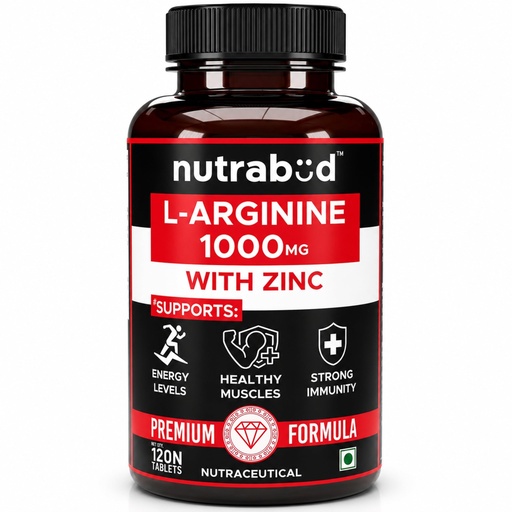 [BRSRGAY5BMDR43YZ] Nutrabud L-Arginine 1000 mg - 120 Tablets - Fuels Muscle Growth, Boosts Nitric Oxide Production (120 Count (Pack of 1), Unflavoured)