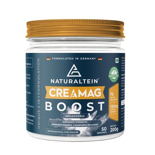 [BRSRYYYBAENGCADD] Naturaltein CreaMag Boost | India’s First Creatine + Magnesium Bisglycinate Formula | 3g Creatine Monohydrate & 130mg Elemental Magnesium Per Serving | Glyphosate Residue Free | Supports Strength, Energy & Recovery | Unflavoured | 200g (50 Servings)