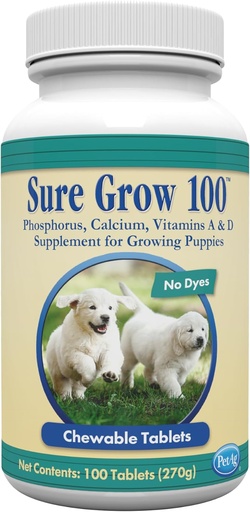 [BRSWIZT2AYFBY33C] PetAg Sure Grow 100 - Puppies Eight Weeks eta Older-en hezur-garapen optimoa sustatzen du Calcium, Phosphorus eta A & D bitaminarekin - 100 Chewable Tablets