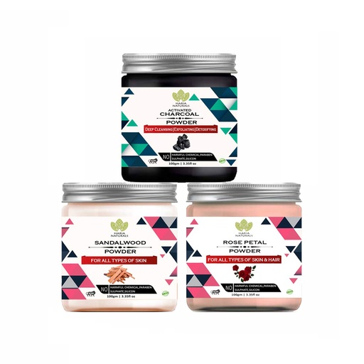 [BRSWYAT2B4BREGTH] 100% Pure & Naturals Charcoal Powder 100gm & Sandalwood Powder 100gm & Rose Petal Powder 100gm (Pack Of 3) 300GM