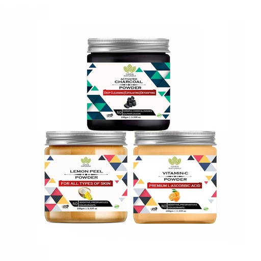 [BRSWYAT2BZ6RECL4] 100% Pure & Naturals Charcoal Powder 100gm & Lemon Peel Powder 100gm & Vitamin-C Powder 100gm (Pack Of 3) 300GM