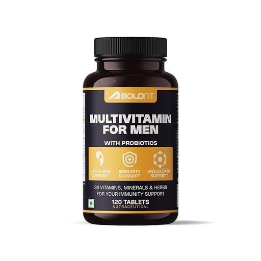 [BRSWYFQOOZYAMCLO] Boldfit Best Multivitamin Tablet For Men, Multi vitamin Tablet For Men with Probiotics, Vitamin C, E, B12, B6, Zinc & Grape Extract For Immunity & Energy Multivitamin Supplement- 120 Veg Tablets