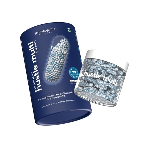 [BRSRYZIDCMPQ42DG] YourHappyLife Hustle Multivitamin for Men -60 Capsules | 29 Nutrients TruPhase™ 3-Phase Release | Active B12 & Folate, Zinc Bisglycinate, CoQ10, Lion's Mane, Bacopa, Lutein | Boost Energy, Focus, Vision
