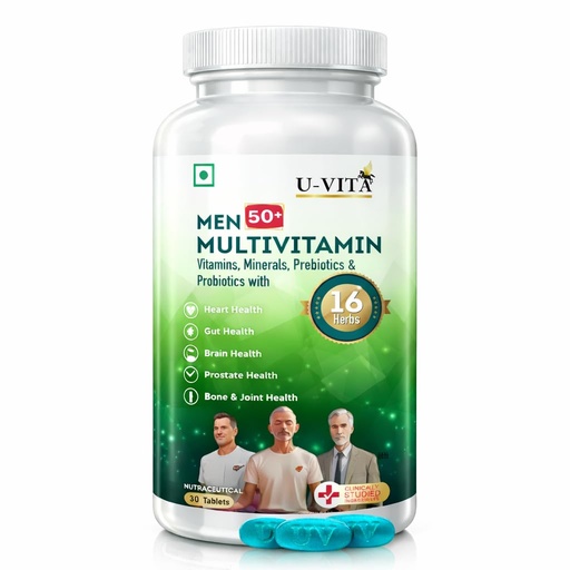 [BRSRACQCCJ7BEEIZ] U-VITA Men 50+ Multivitamin | 47 Essential Vitamins, Minerals & herbal extracts | Pre & Probiotics | Resveratrol, Ashwagandha, Lion's Mane Mushroom Extracts | 30 Veg Tablets | Formulated in the UK