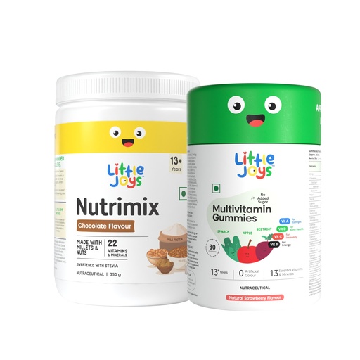 [BRSRYZYKOQAQ223G] Little Joys Immunity Boosting Kit | 13-18 years | Supports Immunity & Energy | With Ragi, Bajra, Vitamin A, C, D3, B12, Zinc & DHA | Nutrimix (350g) & Multivitamin Gummies (30N)