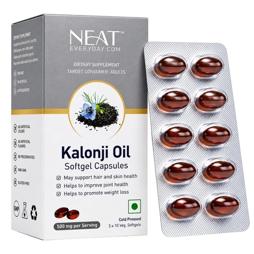 [BRSRGYALCQHAY2DK] NEAT EVERYDAY Black Seed Oil Capsules | Cold Pressed Kalonji Oil Supplement | Supports Immunity, Digestion, Hair & Skin Health | 30 Vegetarian Capsule